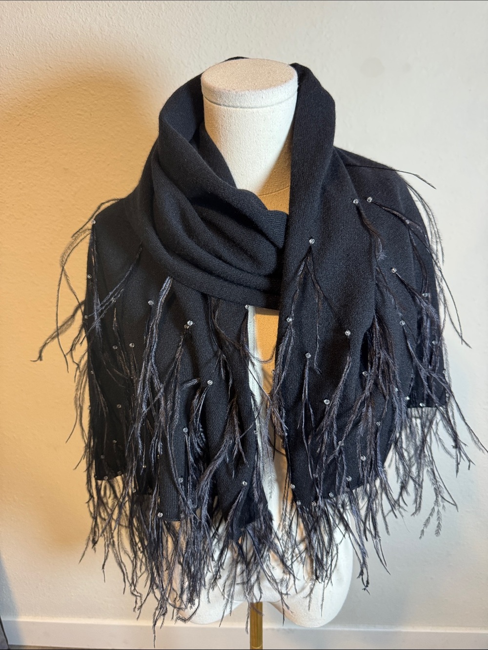 Black Rhinestone & Feather Fringe Scarf One Size
